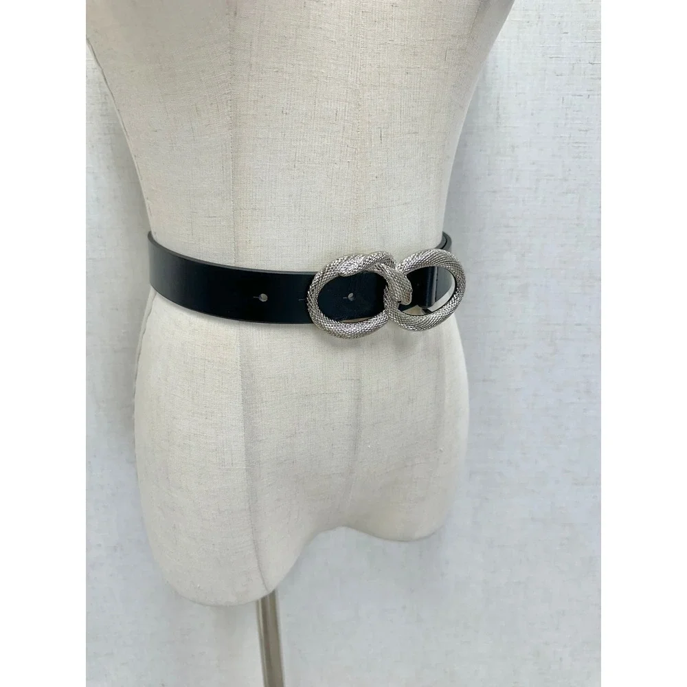 Double Snake Silver Textured Infinity Buckle Black Faux Leather Belt Size M